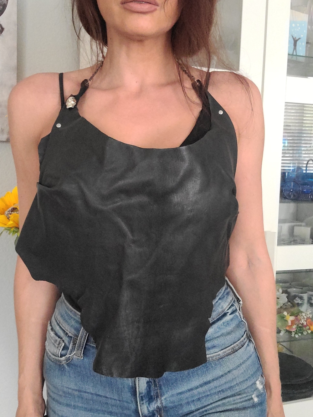 Black Leather Halter Crop Top Chain Back- Women Tops